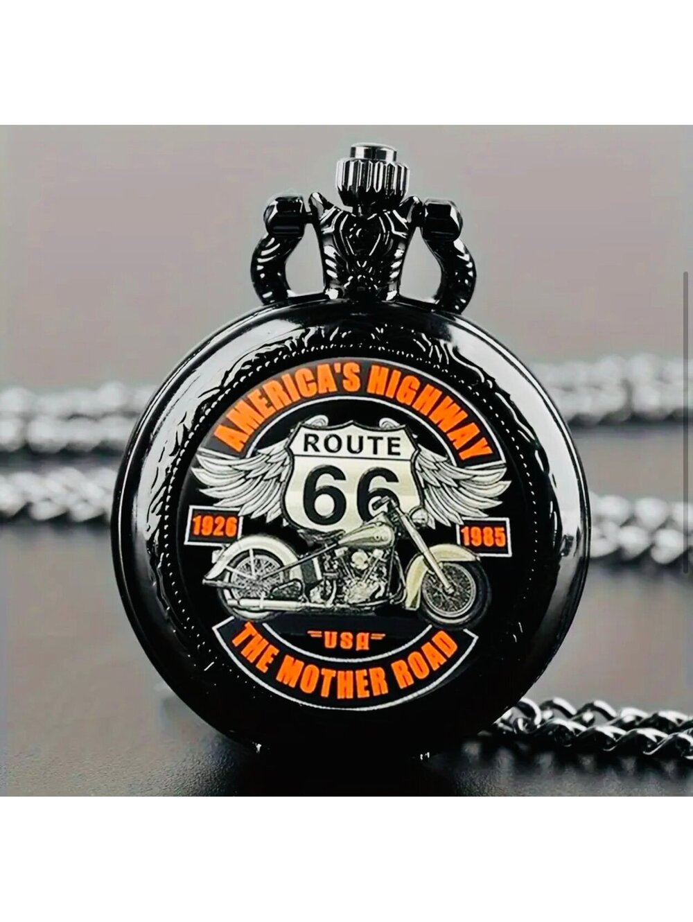 New - Vintage-Inspired Stainless Steel Route 66 Sports Necklace/Pocket Watch